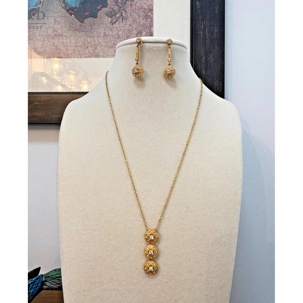 Premier Designs Gold Tone Necklace & Earrings Rhinestones Vintage Deco Style
